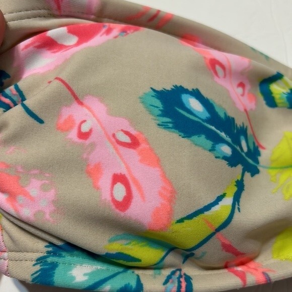 XHILARATION Size Small Swim Bikini Top Tan Pink Blue Feathers Removable Pads NWT - Picture 3 of 10